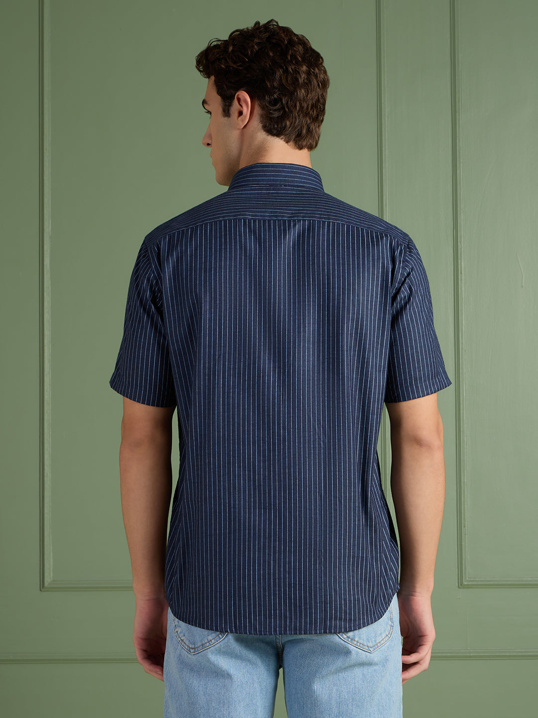 Men's Slim Fit Blue Striped Linen - Cotton Half-Sleeves Shirt | MARK & ALBERT