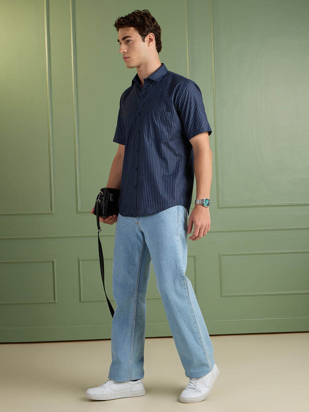 Men's Slim Fit Blue Striped Linen - Cotton Half-Sleeves Shirt | MARK & ALBERT