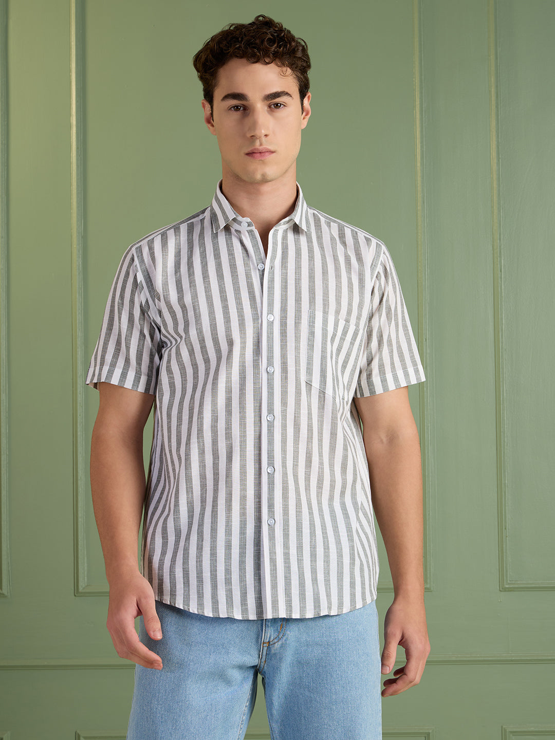 Men's Slim Fit Grey Striped Linen - Cotton Half-Sleeves Shirt | MARK & ALBERT