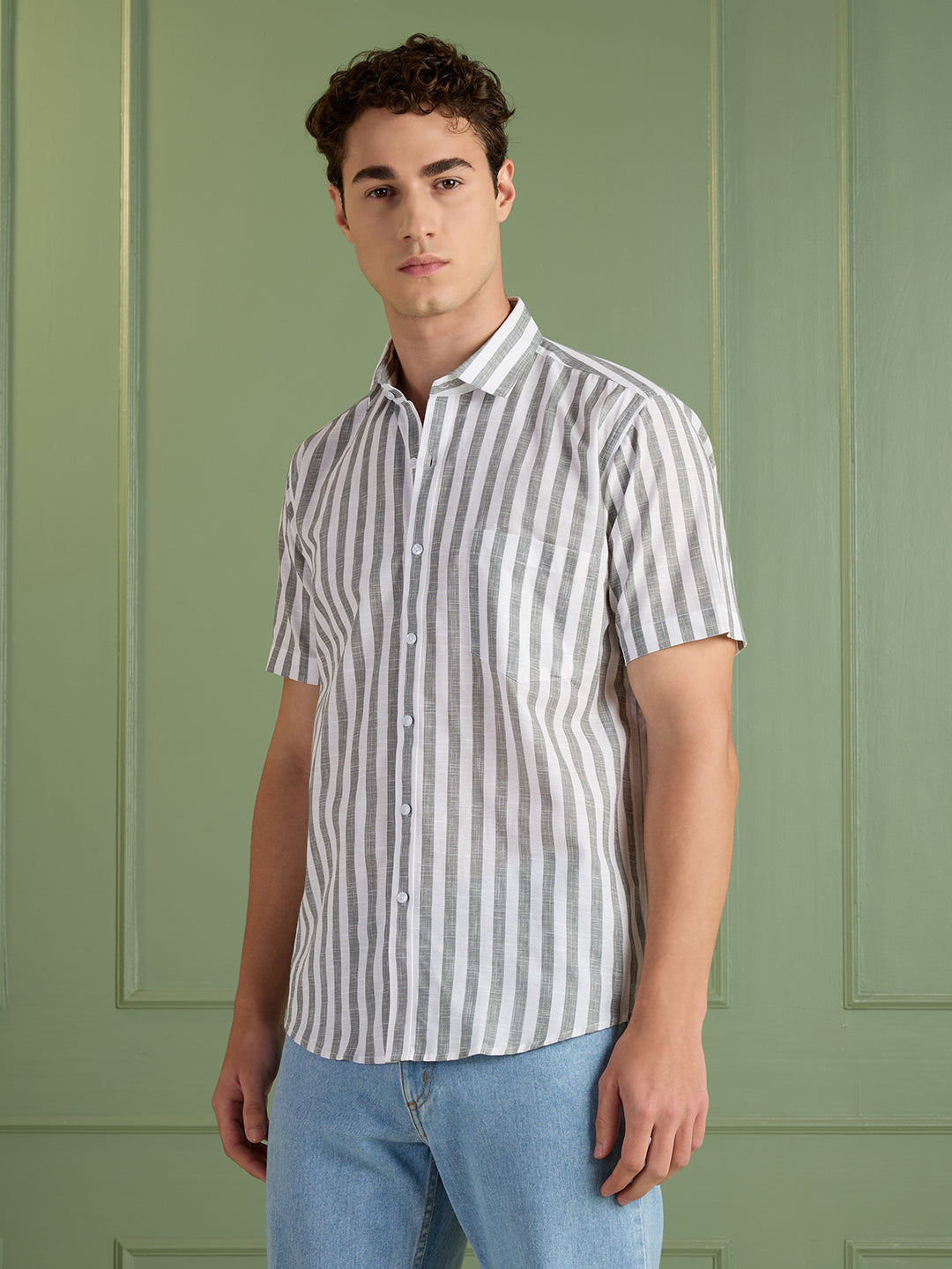 Men's Slim Fit Grey Striped Linen - Cotton Half-Sleeves Shirt | MARK & ALBERT