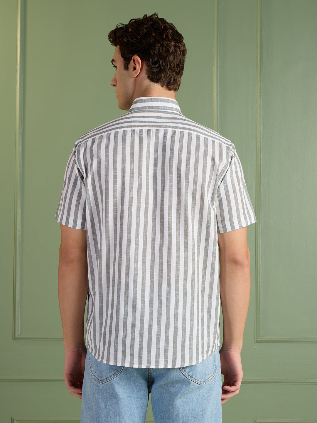 Men's Slim Fit Grey Striped Linen - Cotton Half-Sleeves Shirt | MARK & ALBERT