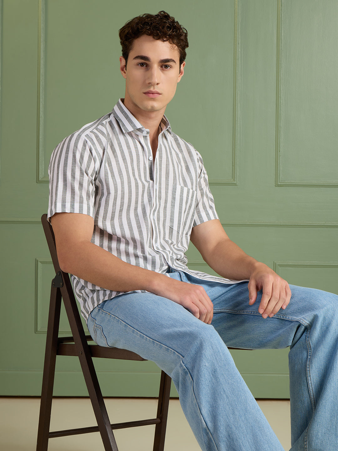 Slim Fit Grey Striped Linen-Cotton Shirt