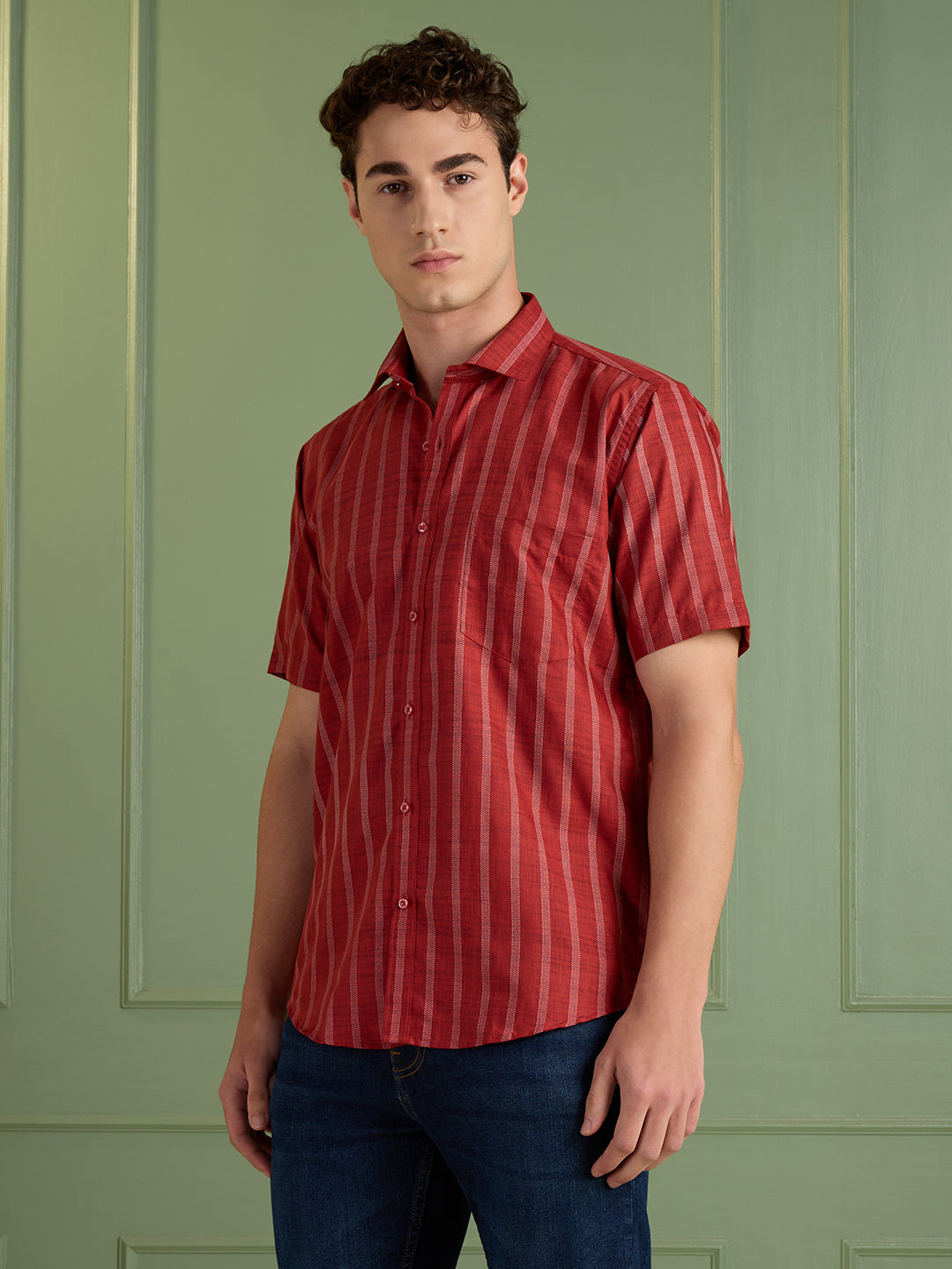 Slim Fit Red Striped Linen-Cotton Shirt