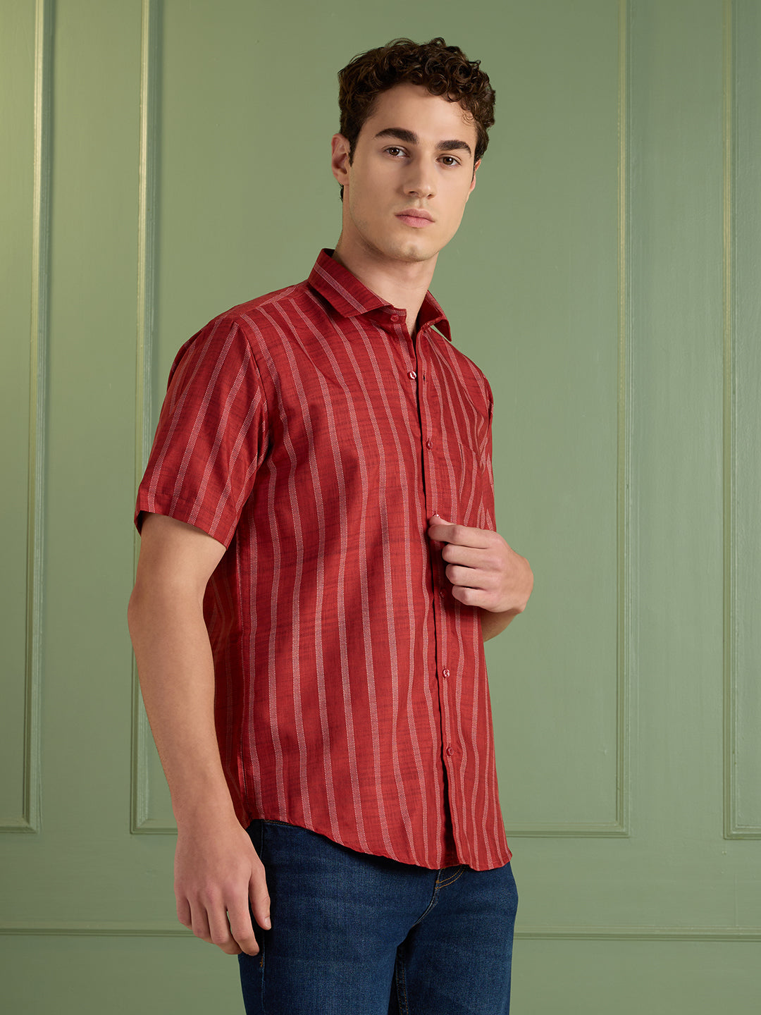 Men's Slim Fit Red Striped Linen - Cotton Half-Sleeves Shirt | MARK & ALBERT