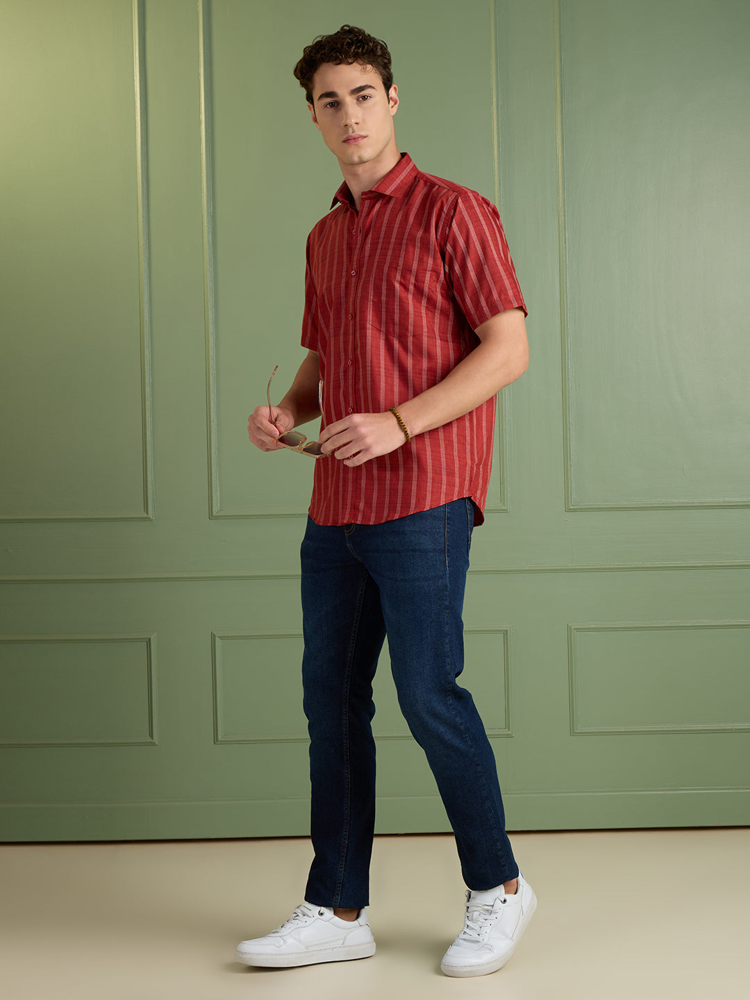 Men's Slim Fit Red Striped Linen - Cotton Half-Sleeves Shirt | MARK & ALBERT