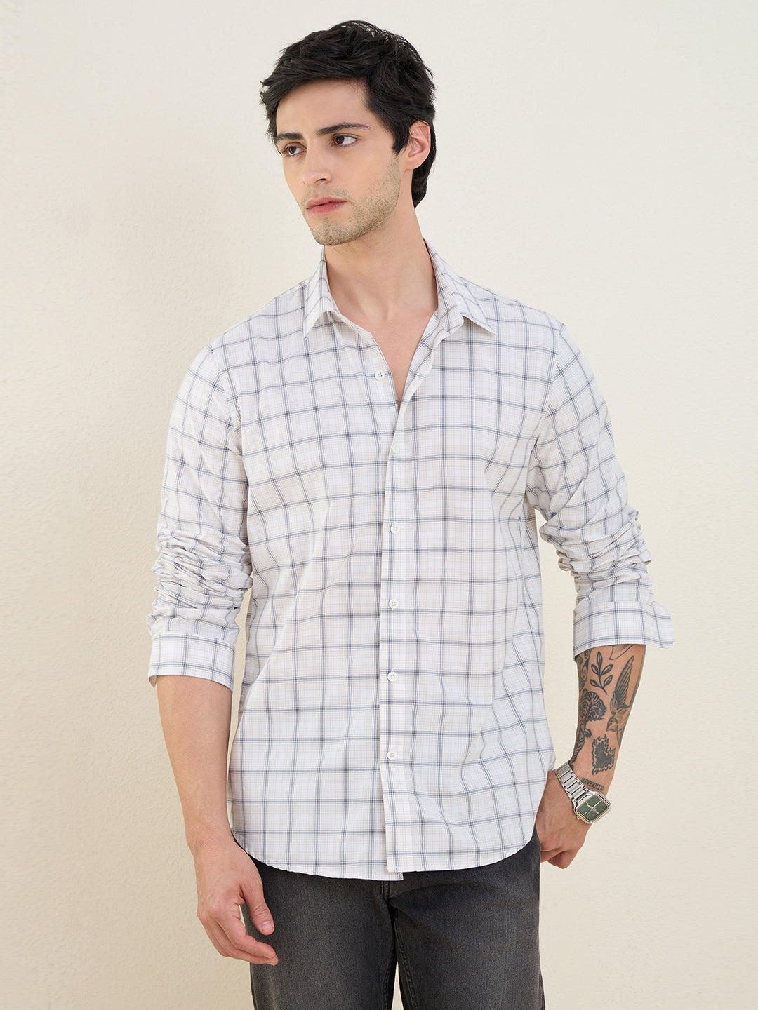 Men’s White Check Shirt Cotton Blend Slim Fit Grid Plaid Casual Shirt | MARK & ALBERT