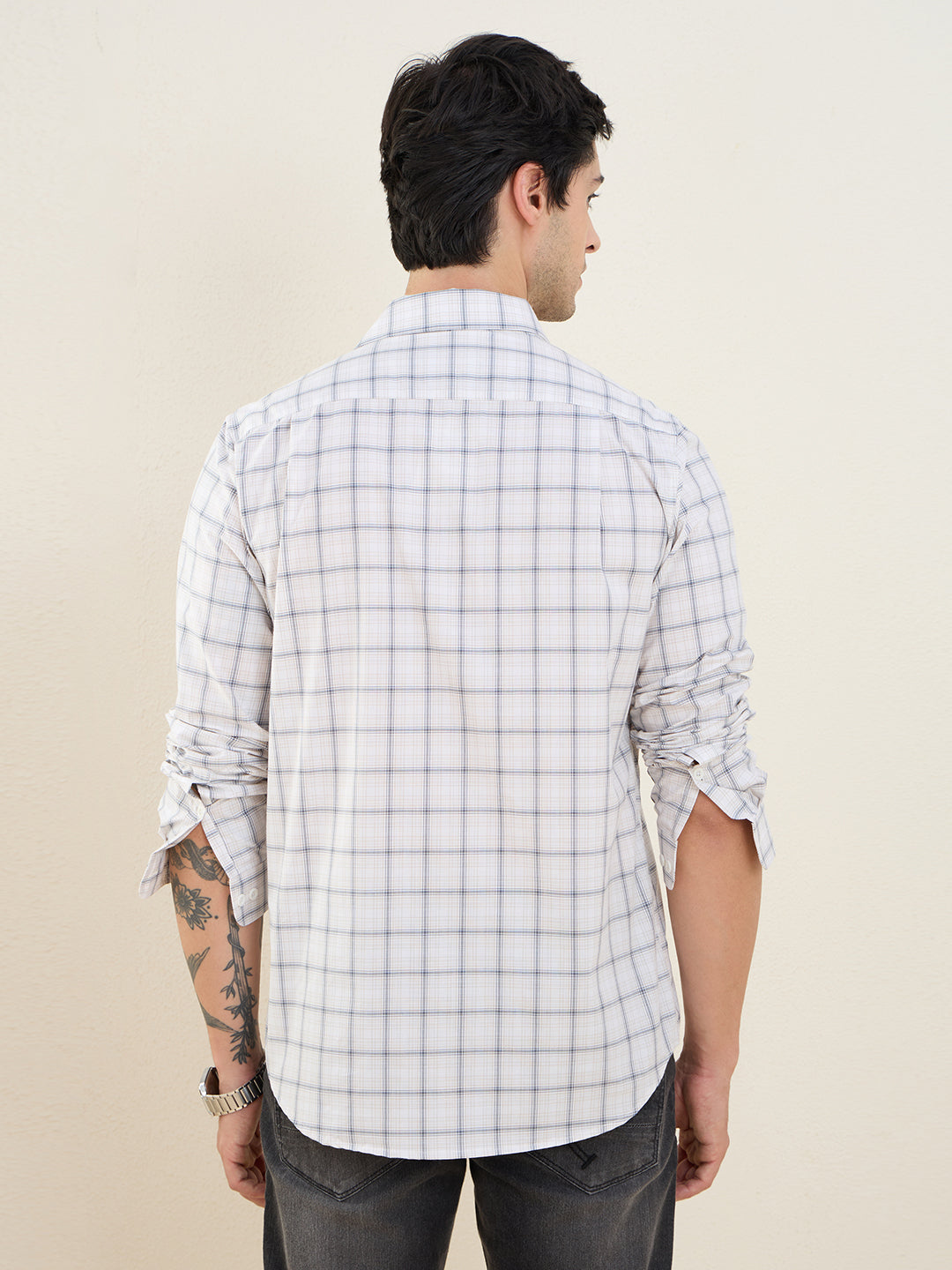 Men’s White Check Shirt Cotton Blend Slim Fit Grid Plaid Casual Shirt | MARK & ALBERT