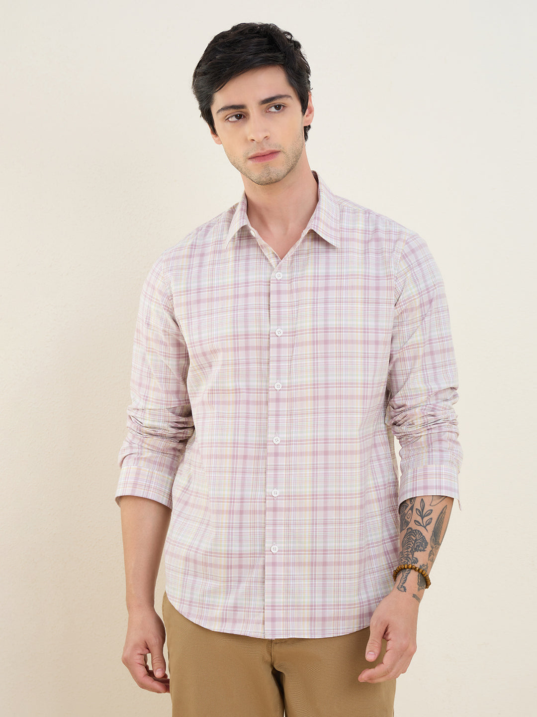 Men’s 100% Cotton Pink Checks Slim Fit Casual Shirt | MARK & ALBERT