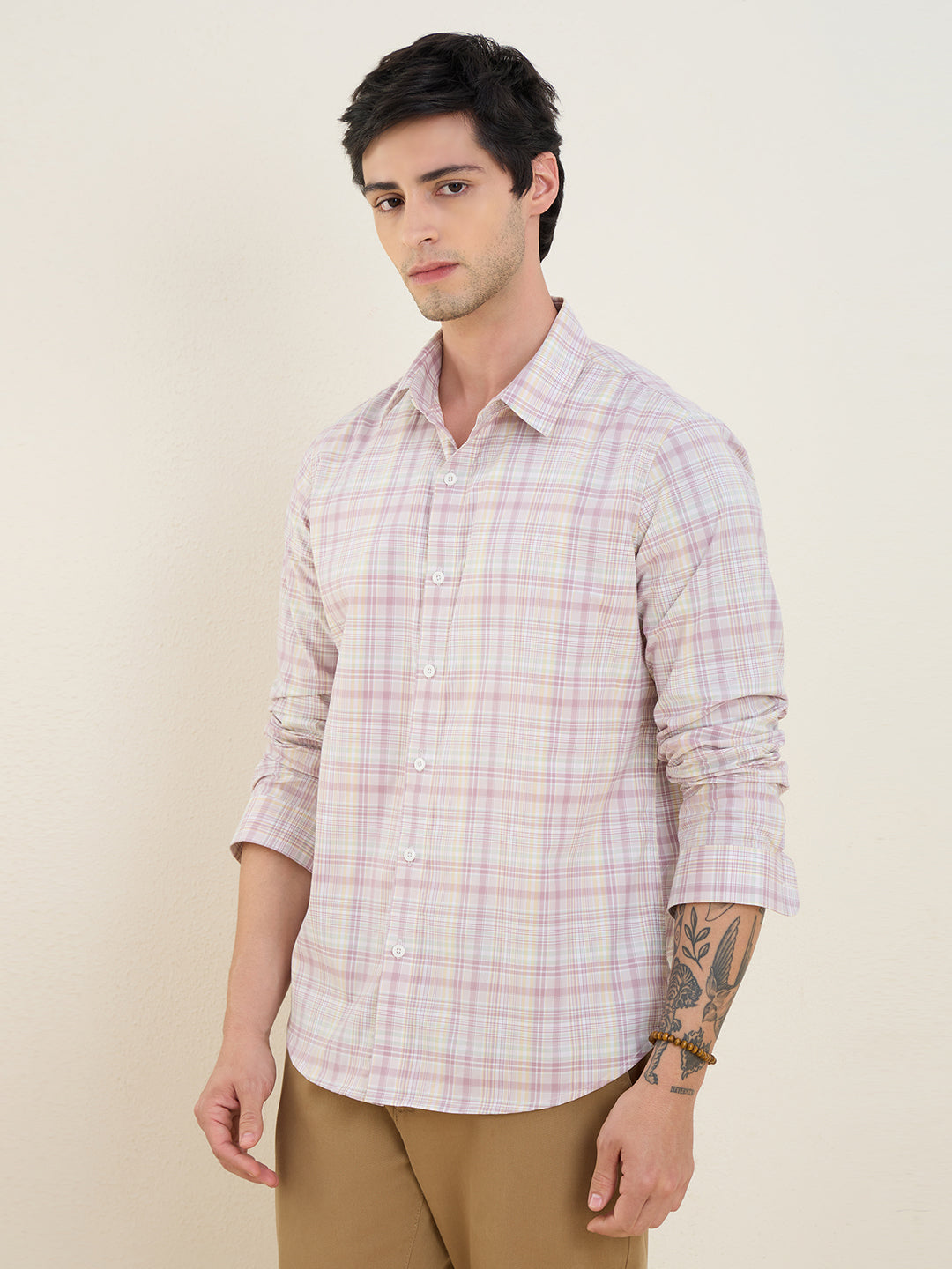 Men’s 100% Cotton Pink Checks Slim Fit Casual Shirt | MARK & ALBERT