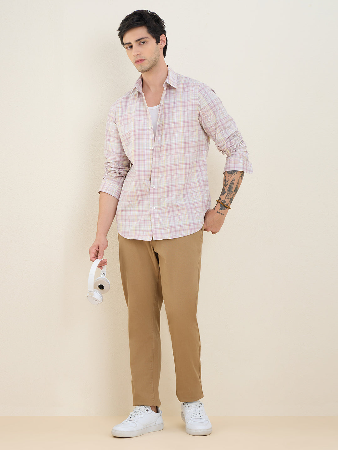 Men’s 100% Cotton Pink Checks Slim Fit Casual Shirt | MARK & ALBERT
