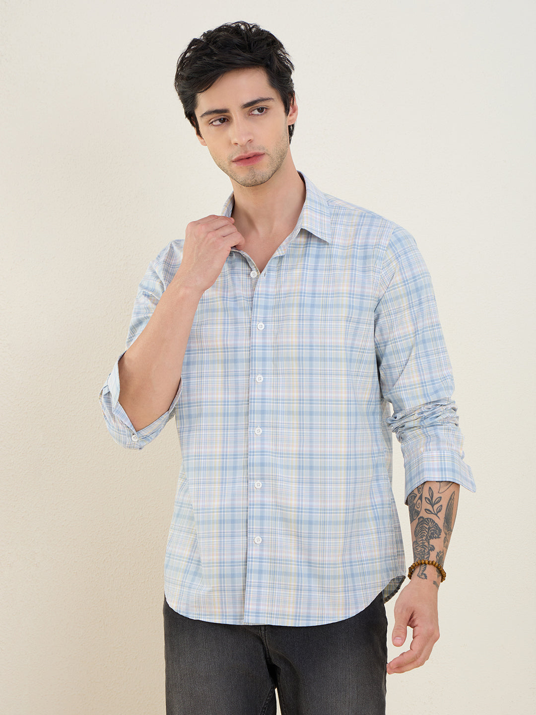 Men’s 100% Cotton Blue Checks Slim Fit Casual Shirt | MARK & ALBERT