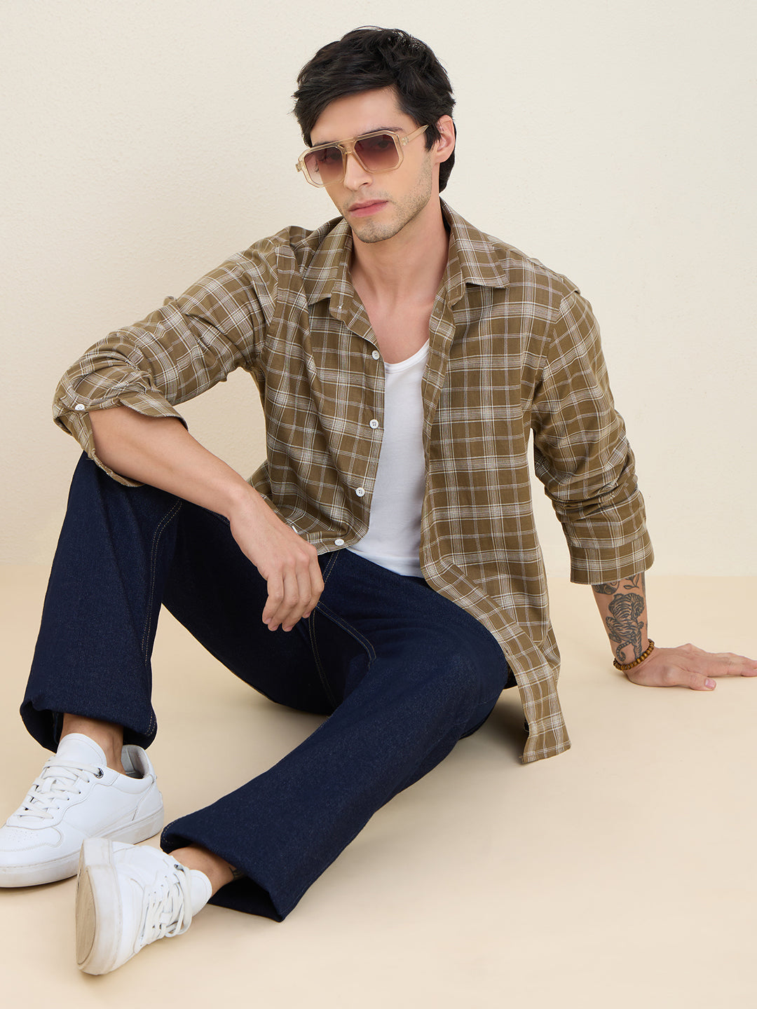 Men’s 100% Cotton Olive Check Slim Fit Shirt | MARK & ALBERT