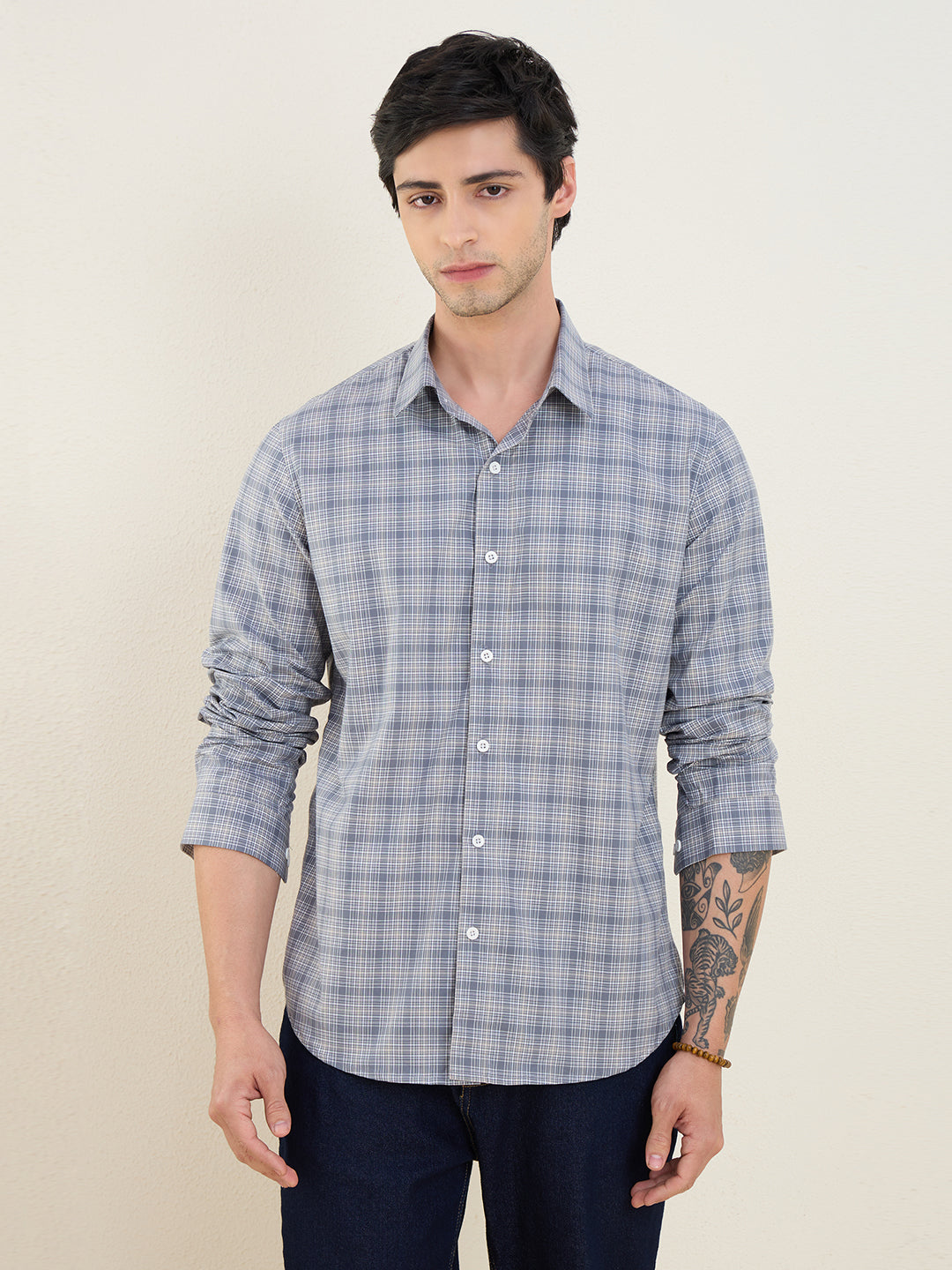 Men’s Grey Plaid Check Shirt 100% Cotton Slim Fit Casual Shirt | MARK & ALBERT