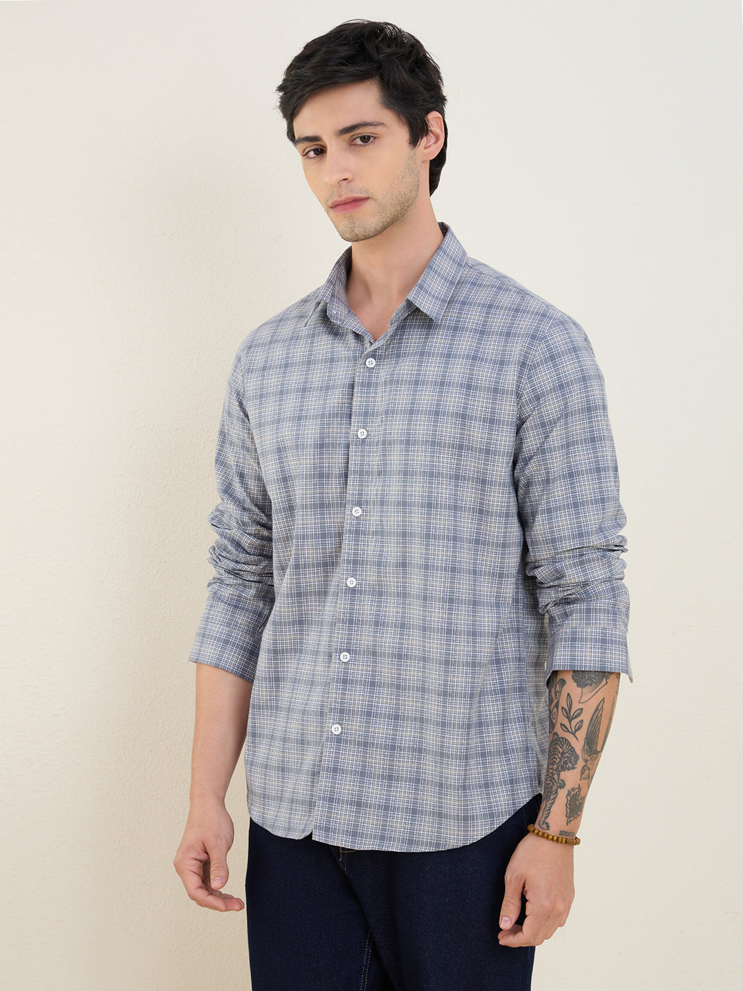 Men’s Grey Plaid Check Shirt 100% Cotton Slim Fit Casual Shirt | MARK & ALBERT
