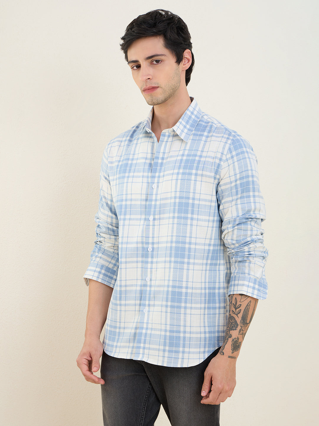 Men’s 100% Cotton Blue Check Slim Fit Casual Shirt | MARK & ALBERT