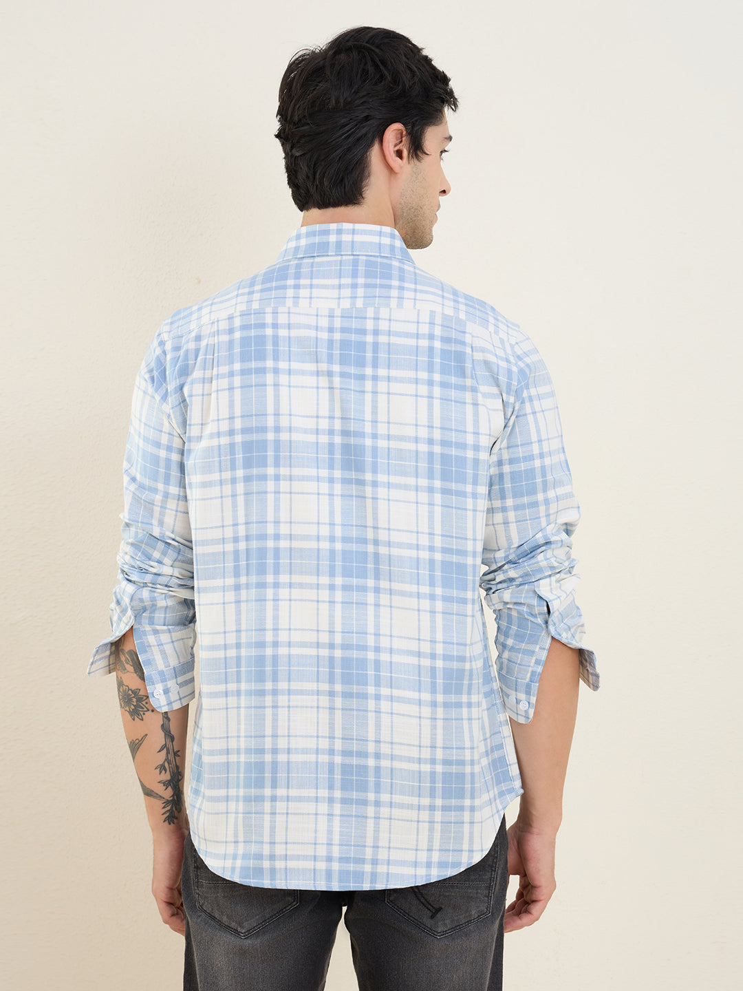 Men’s 100% Cotton Blue Check Slim Fit Casual Shirt | MARK & ALBERT