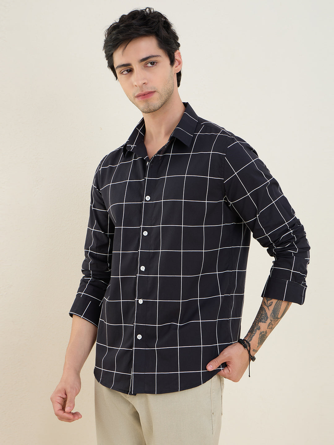 Men’s 100% Cotton Black Windowpane Check Slim Fit Shirt | MARK & ALBERT