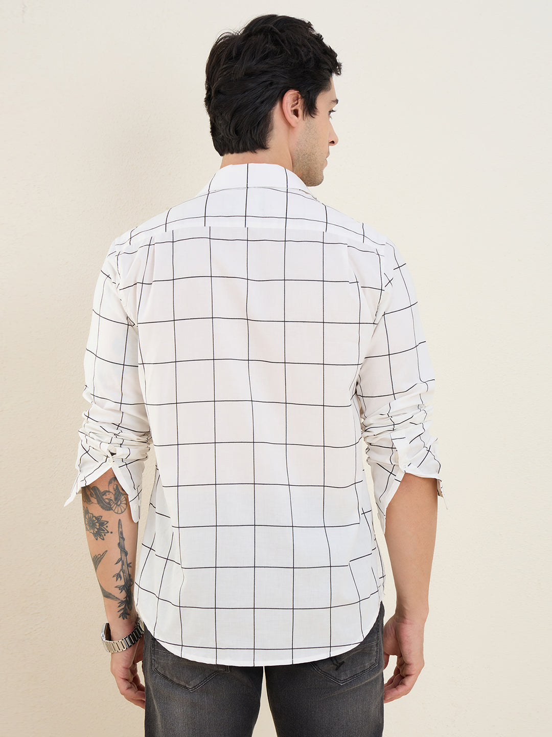 Men’s 100% Cotton White Windowpane Check Slim Fit Shirt | MARK & ALBERT