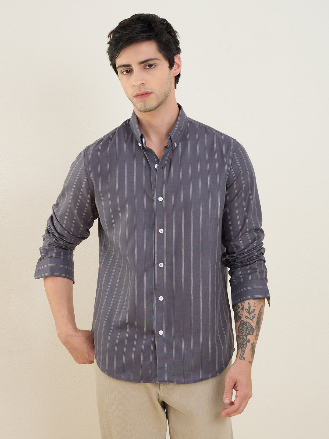 Men’s Grey Striped Cotton Linen Slim Fit Casual Shirt | MARK & ALBERT