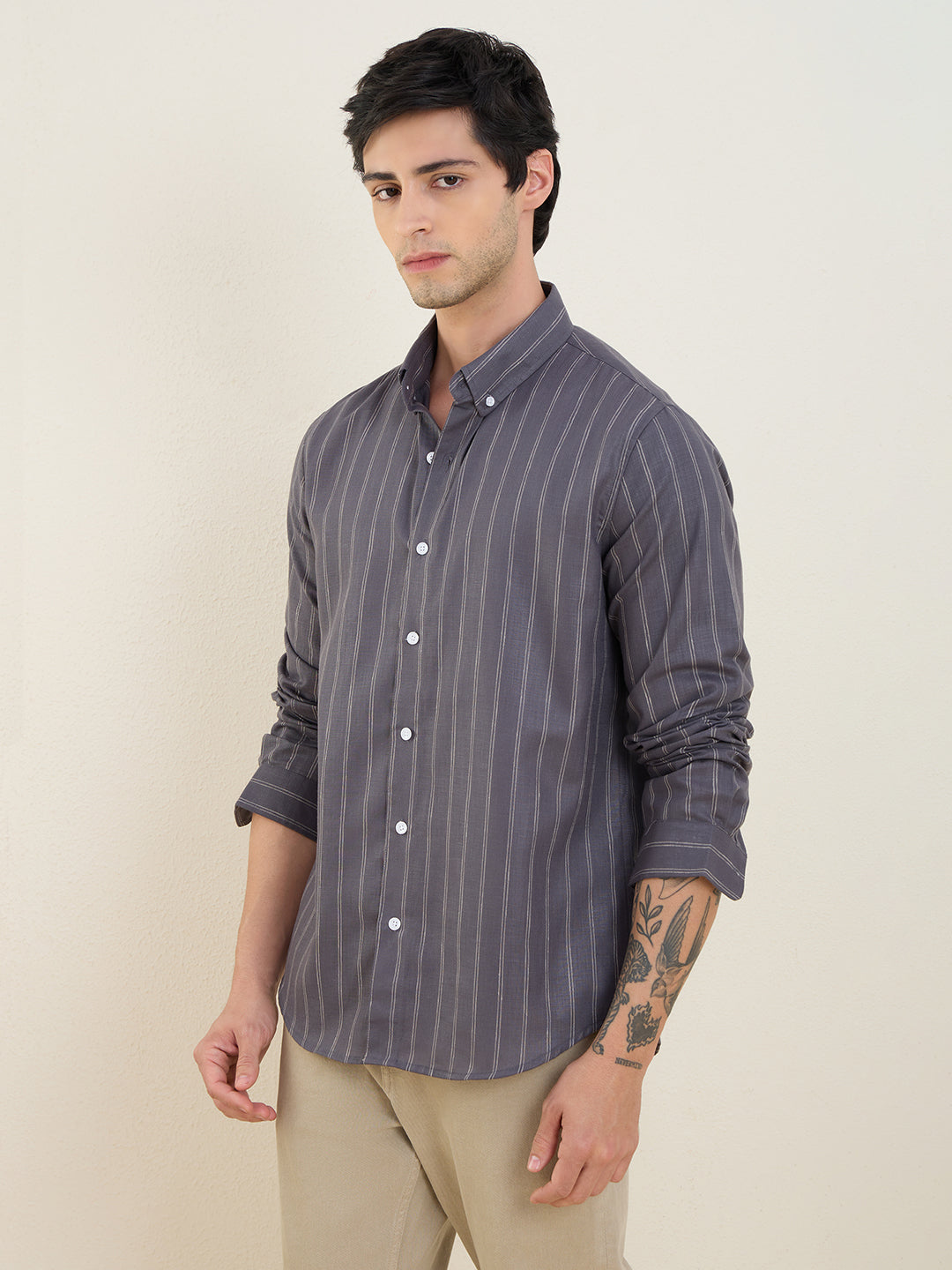 Men’s Grey Striped Cotton Linen Slim Fit Casual Shirt | MARK & ALBERT