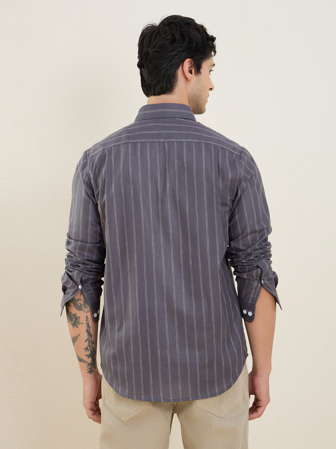 Men’s Grey Striped Cotton Linen Slim Fit Casual Shirt | MARK & ALBERT
