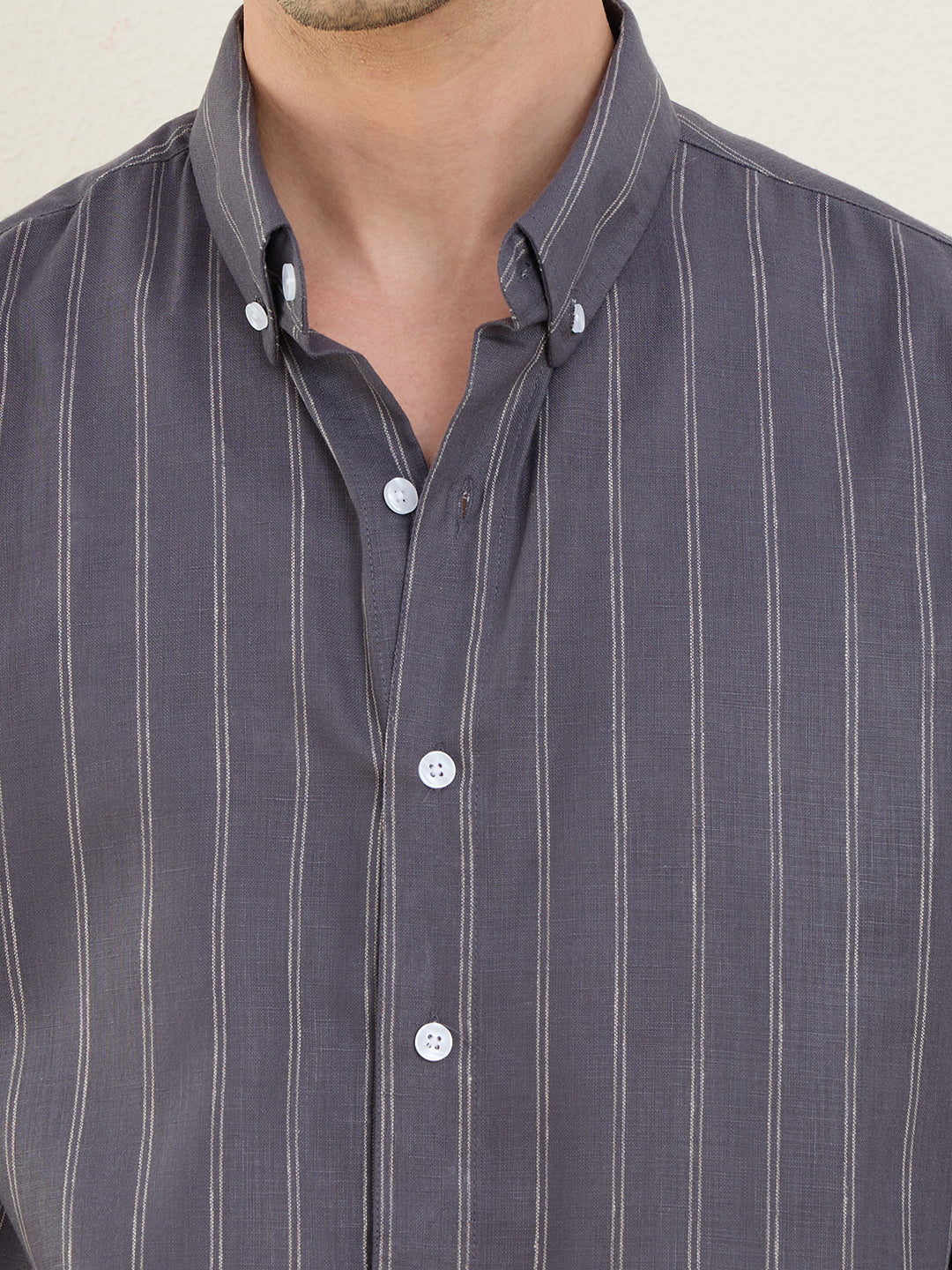 Men’s Grey Striped Cotton Linen Slim Fit Casual Shirt | MARK & ALBERT