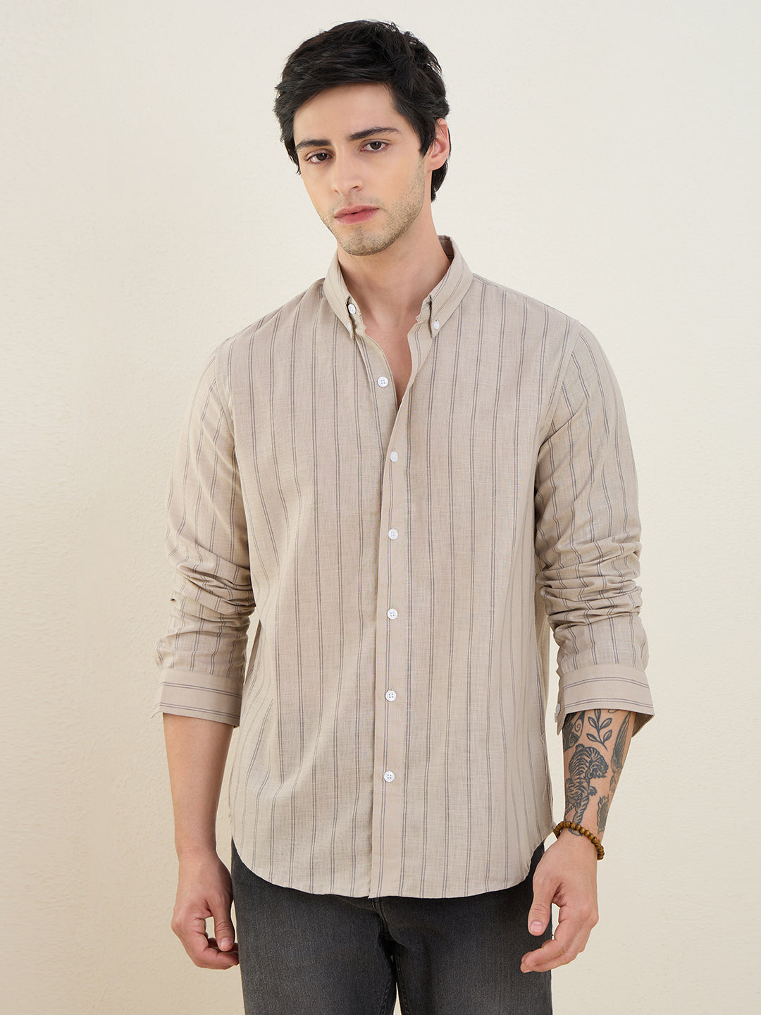 Men’s Beige Striped Cotton Linen Slim Fit Casual Shirt | MARK & ALBERT