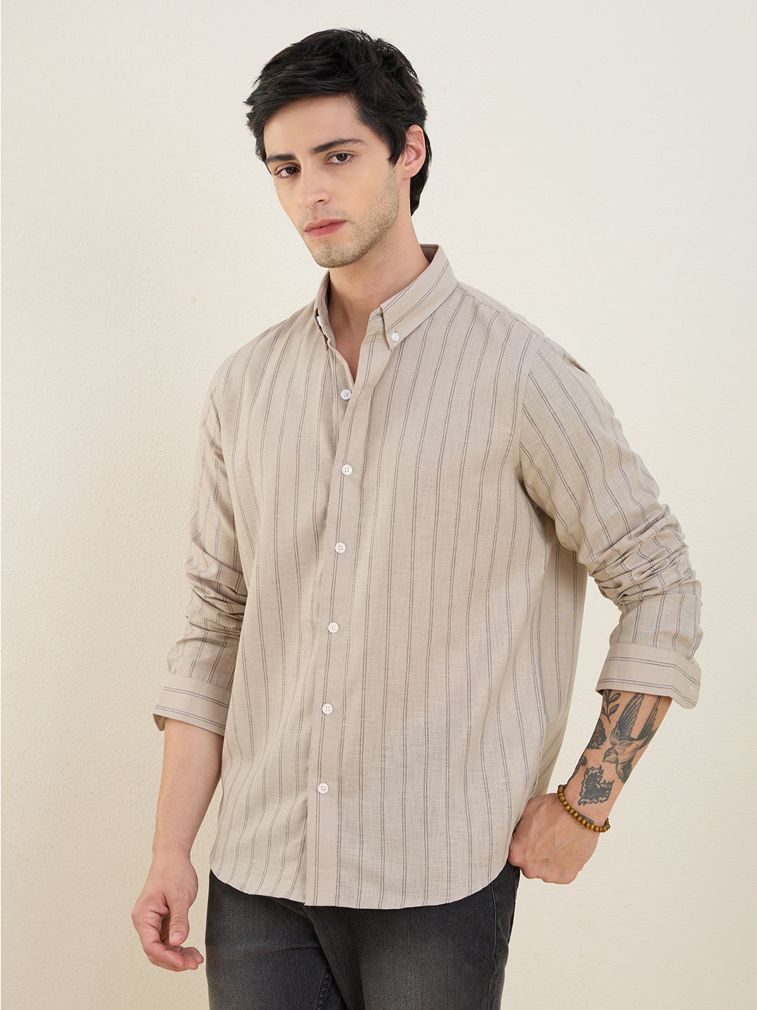 Men’s Beige Striped Cotton Linen Slim Fit Casual Shirt | MARK & ALBERT