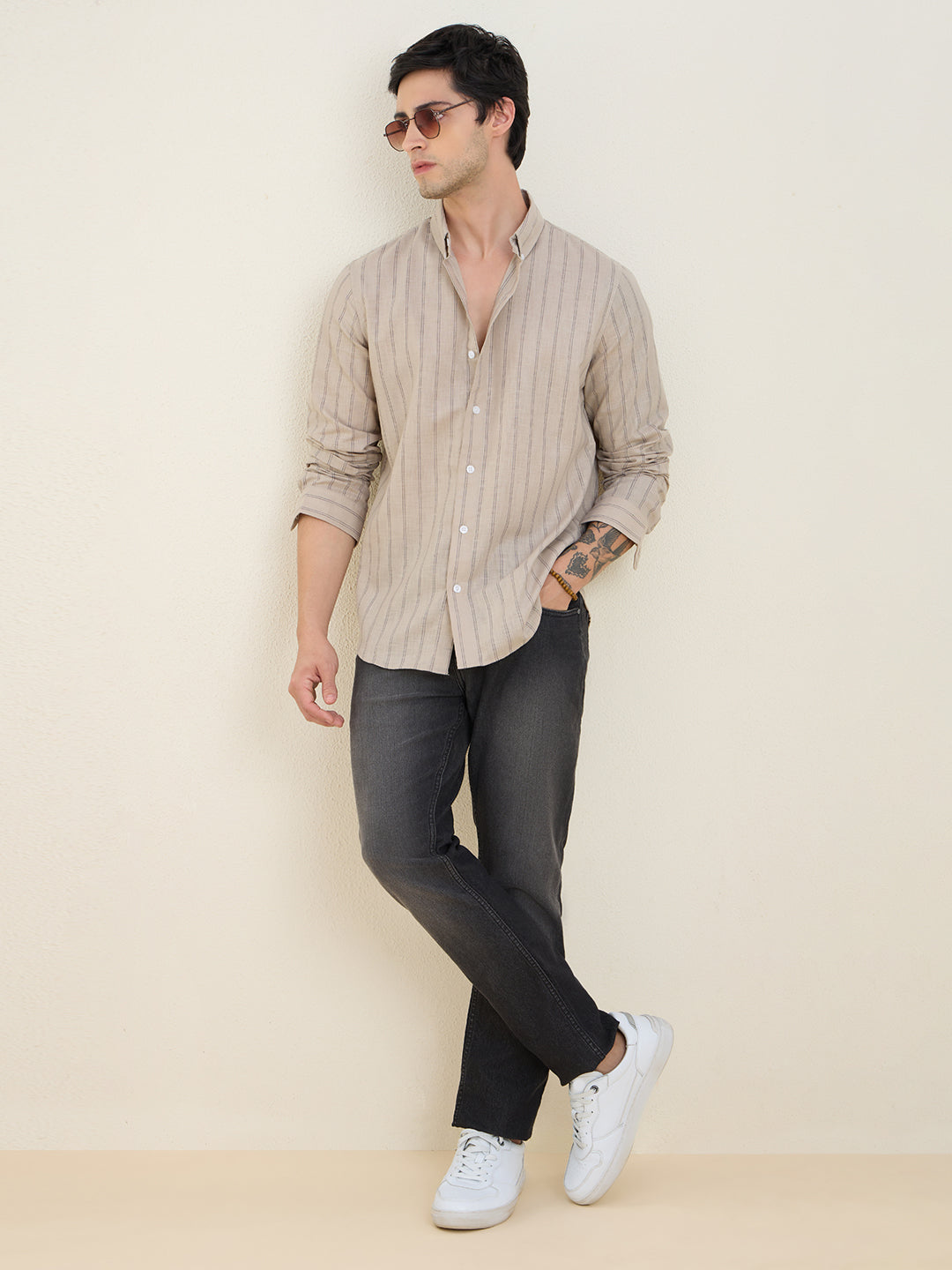 Men’s Beige Striped Cotton Linen Slim Fit Casual Shirt | MARK & ALBERT