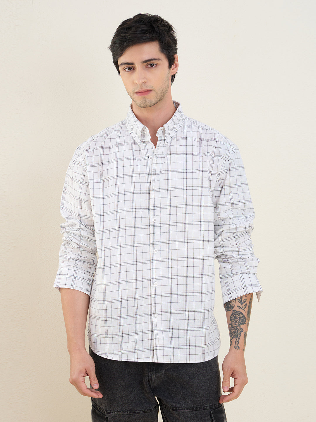 Men’s 100% Cotton White Check Regular Fit Shirt | MARK & ALBERT