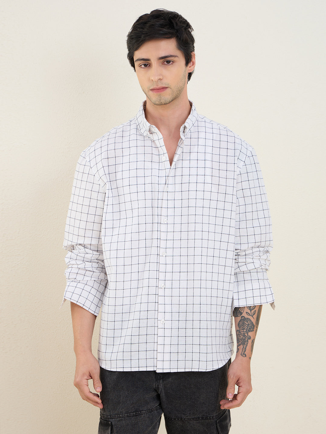 Men’s 100% Cotton White Check Regular Fit Shirt | MARK & ALBERT