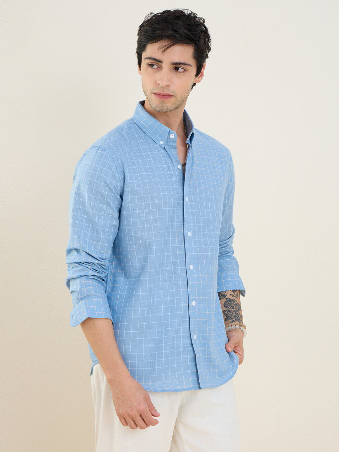 Men’s Sky-Blue Check Cotton Linen Slim Fit Casual Shirt | MARK & ALBERT
