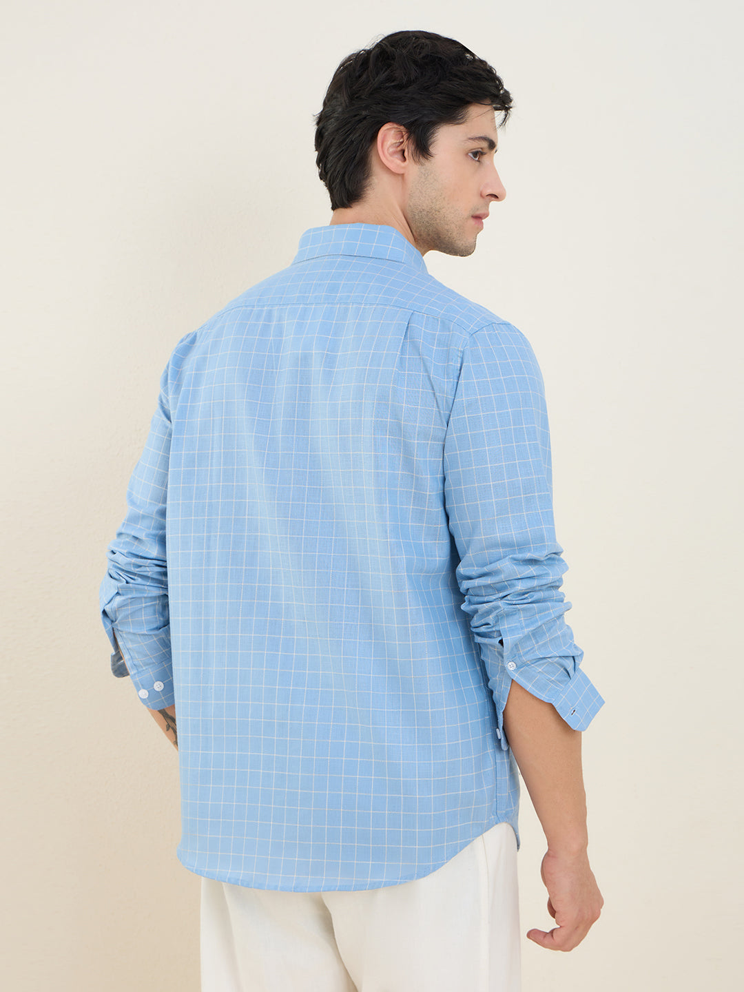 Men’s Sky-Blue Check Cotton Linen Slim Fit Casual Shirt | MARK & ALBERT
