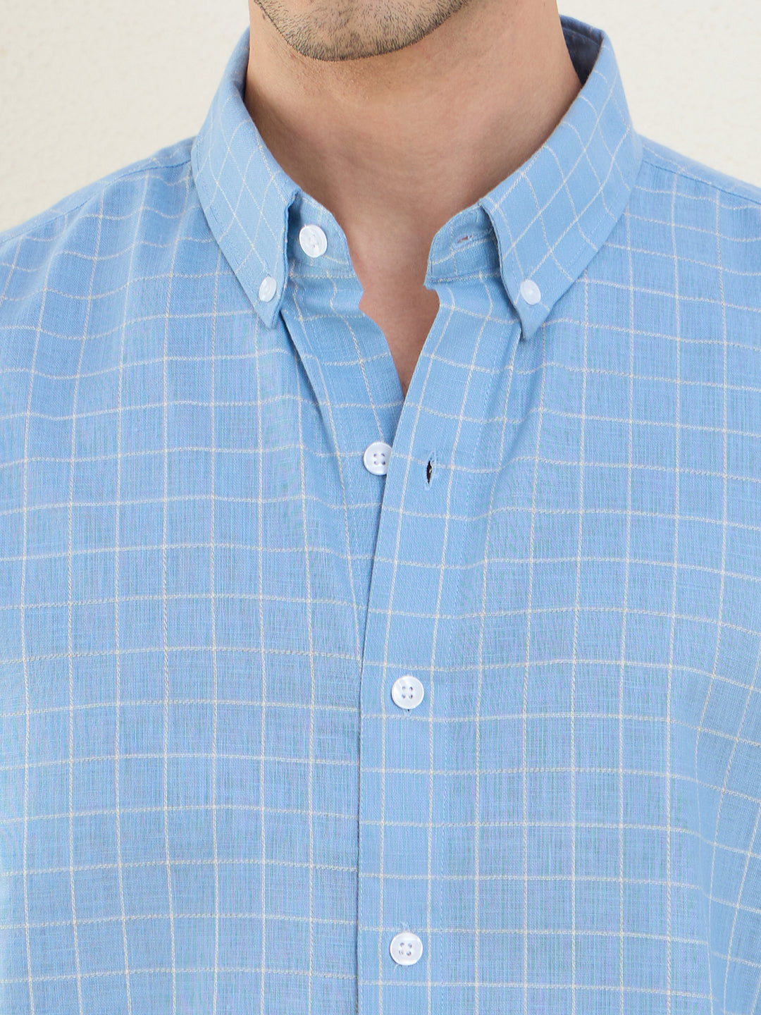 Men’s Sky-Blue Check Cotton Linen Slim Fit Casual Shirt | MARK & ALBERT