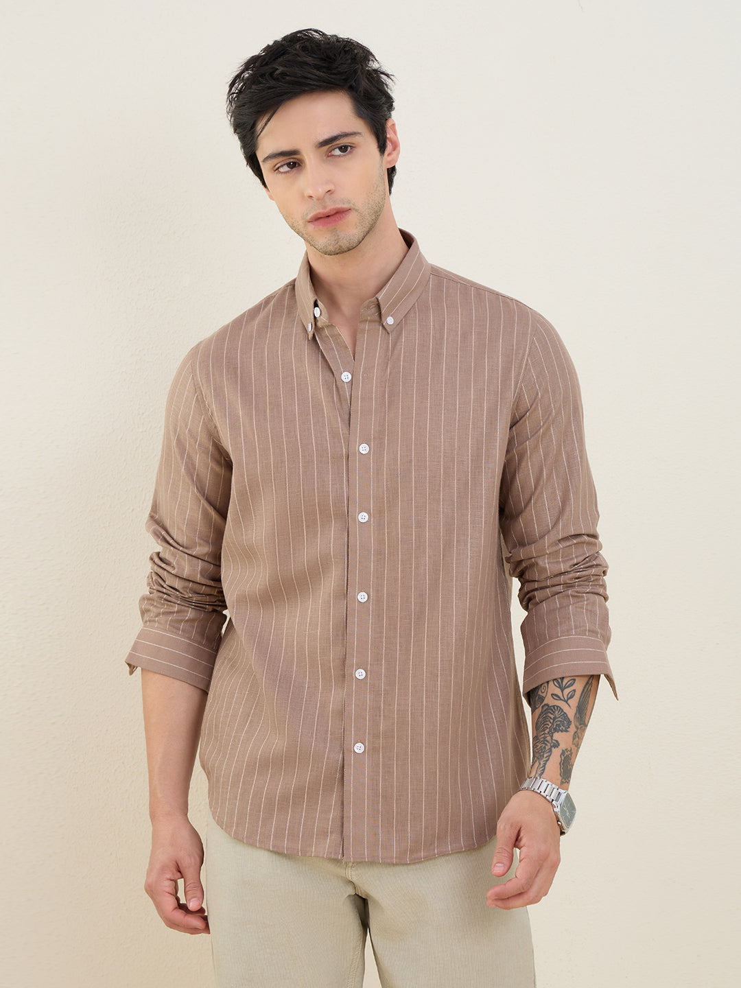 Men’s Brown Striped Cotton Linen Slim Fit Casual Shirt | MARK & ALBERT