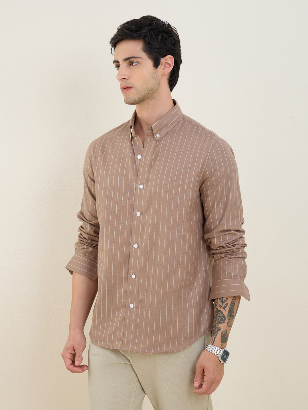 Men’s Brown Striped Cotton Linen Slim Fit Casual Shirt | MARK & ALBERT