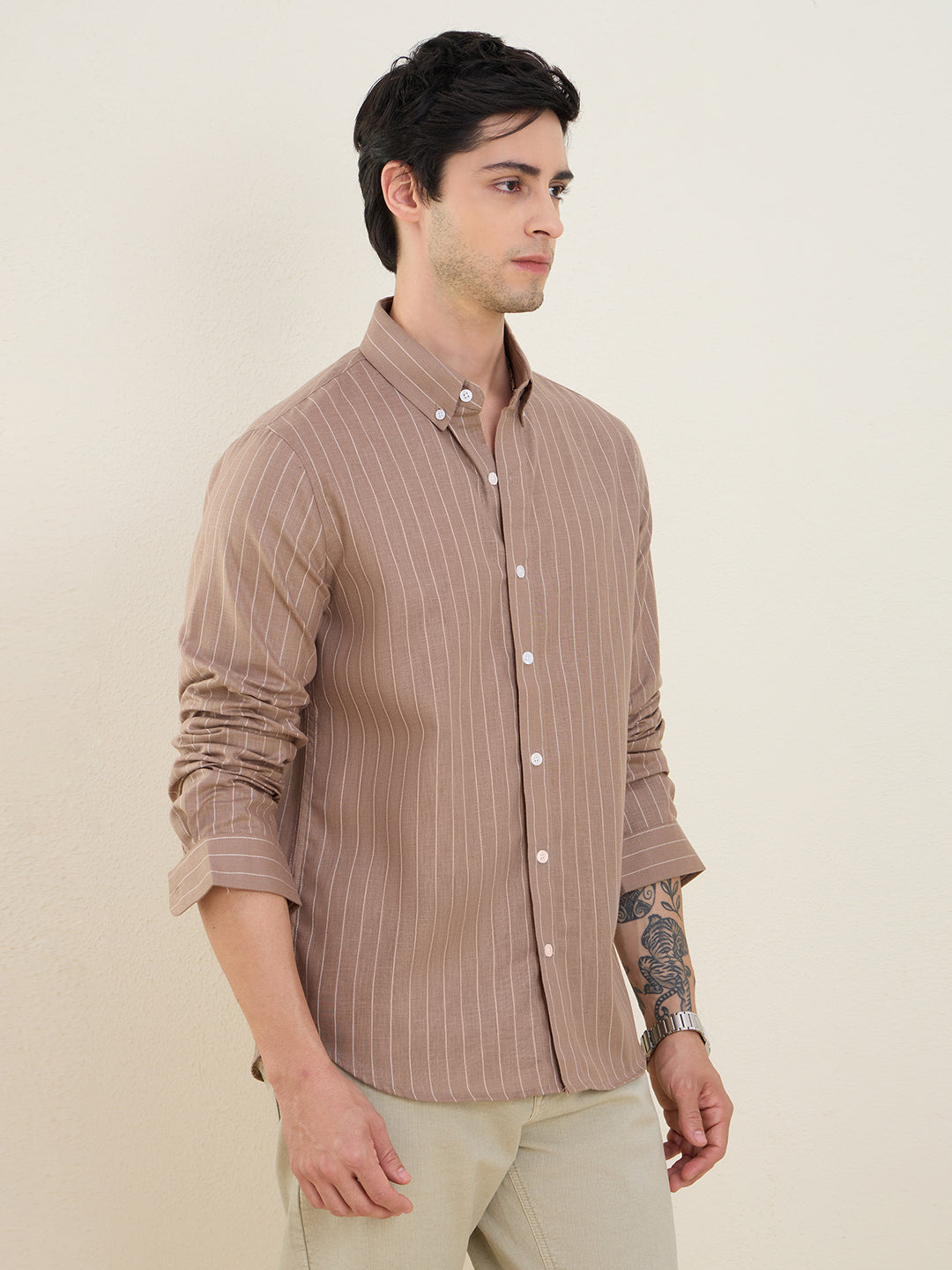 Men’s Brown Striped Cotton Linen Slim Fit Casual Shirt | MARK & ALBERT