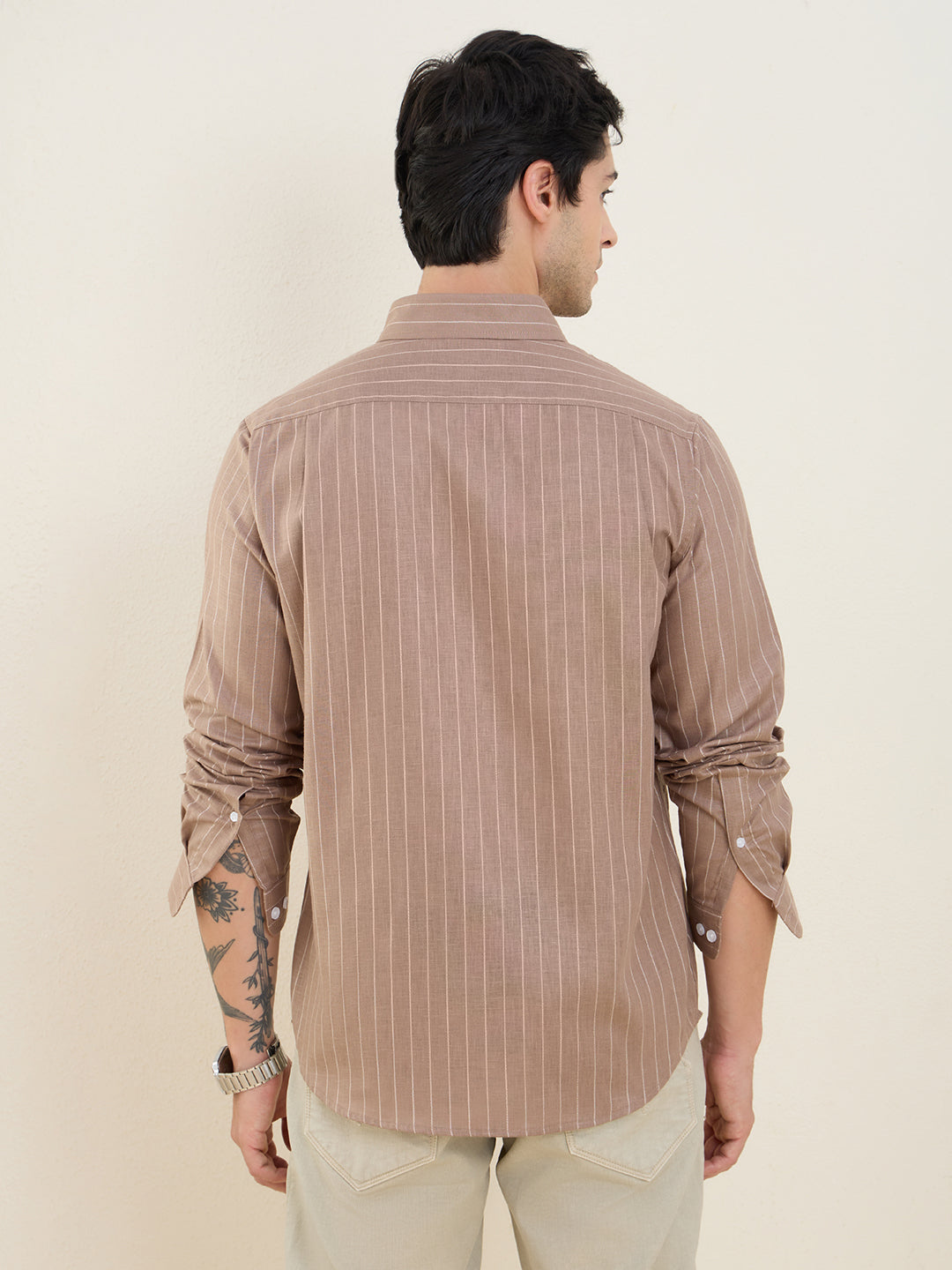 Men’s Brown Striped Cotton Linen Slim Fit Casual Shirt | MARK & ALBERT