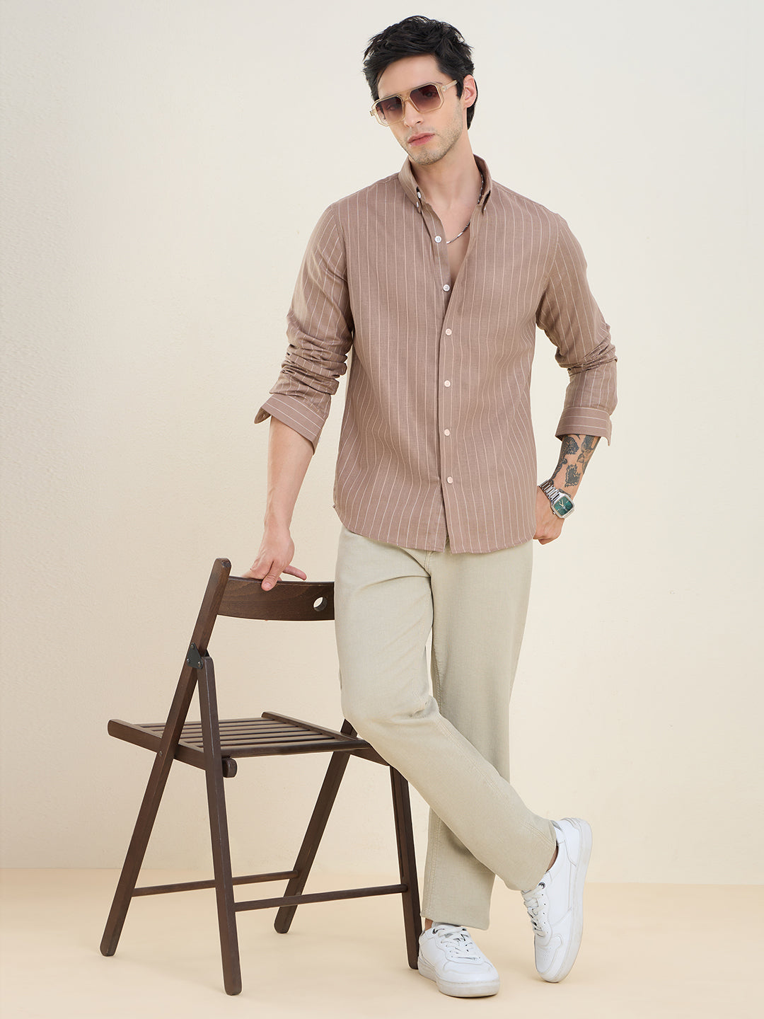 Men’s Brown Striped Cotton Linen Slim Fit Casual Shirt | MARK & ALBERT