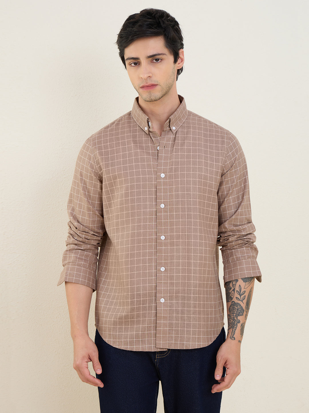 Men’s Brown Check Cotton Linen Slim Fit Casual Shirt | MARK & ALBERT