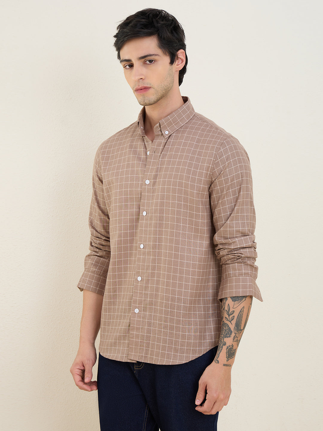 Men’s Brown Check Cotton Linen Slim Fit Casual Shirt | MARK & ALBERT