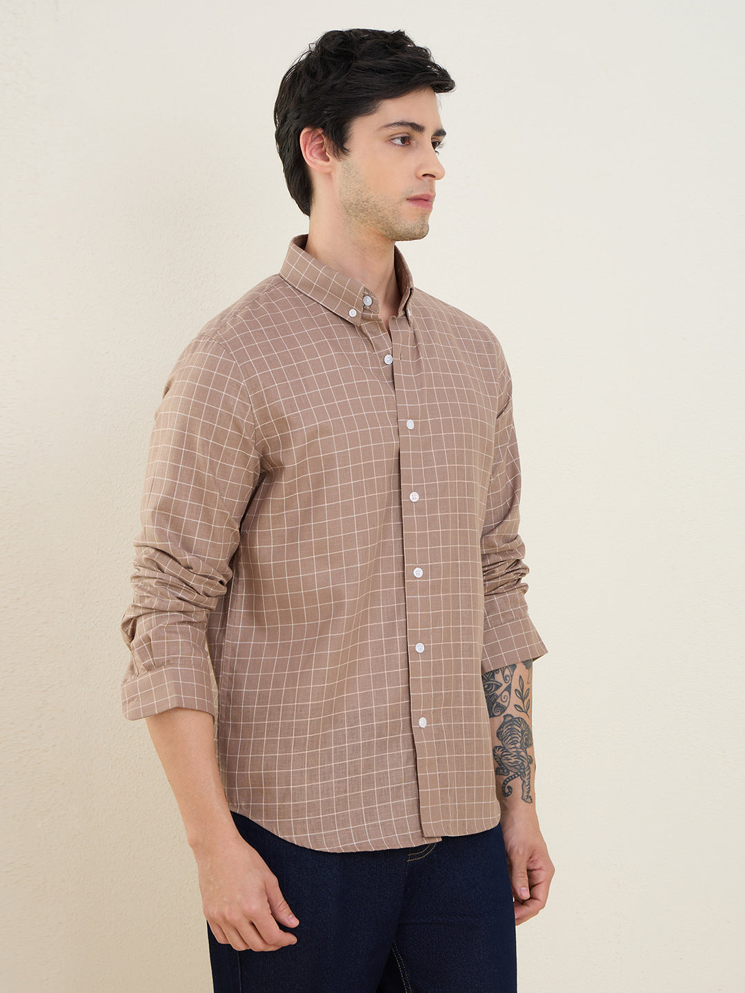 Men’s Brown Check Cotton Linen Slim Fit Casual Shirt | MARK & ALBERT
