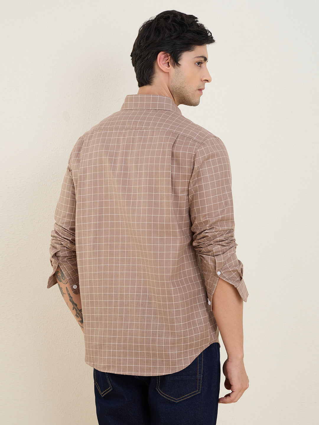 Men’s Brown Check Cotton Linen Slim Fit Casual Shirt | MARK & ALBERT