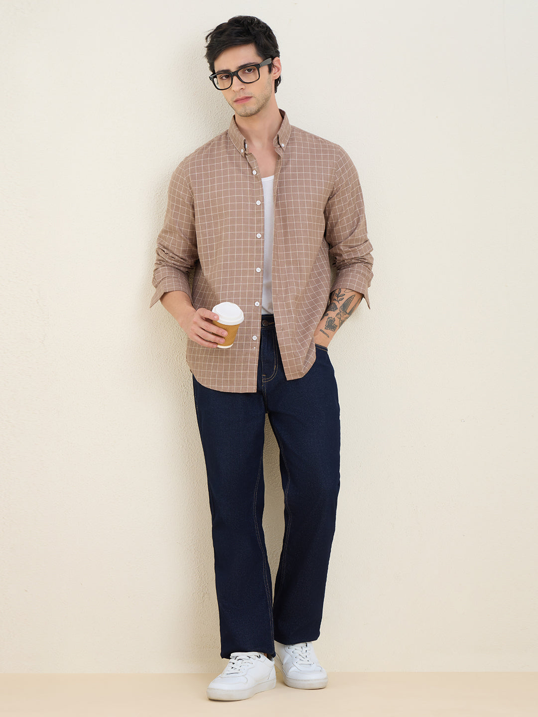 Men’s Brown Check Cotton Linen Slim Fit Casual Shirt | MARK & ALBERT