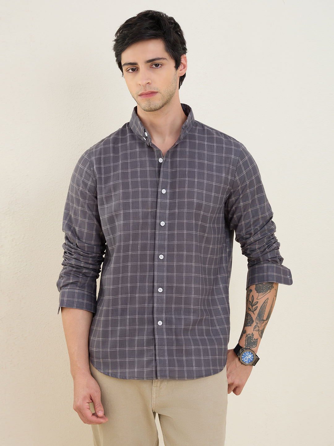 Men’s Grey Check Cotton Linen Slim Fit Casual Shirt | MARK & ALBERT