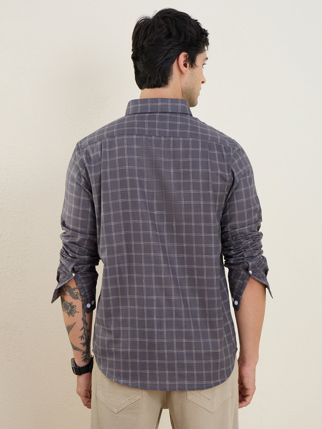 Men’s Grey Check Cotton Linen Slim Fit Casual Shirt | MARK & ALBERT