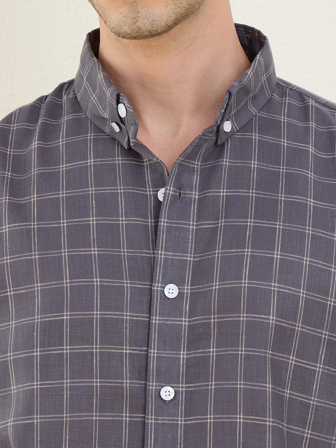 Men’s Grey Check Cotton Linen Slim Fit Casual Shirt | MARK & ALBERT