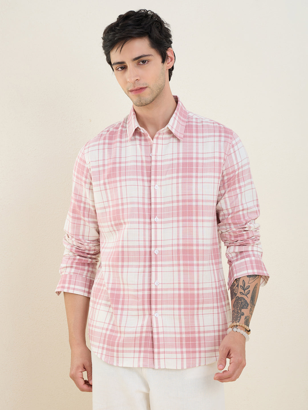 Men’s 100% Cotton Pink Check Slim Fit Casual Shirt | MARK & ALBERT