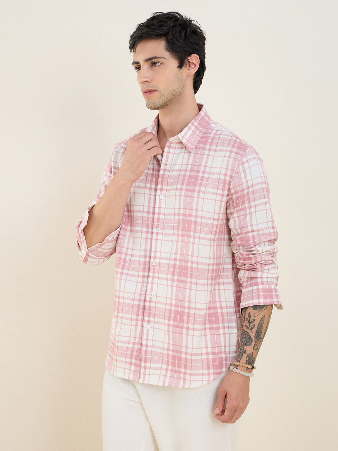 Men’s 100% Cotton Pink Check Slim Fit Casual Shirt | MARK & ALBERT