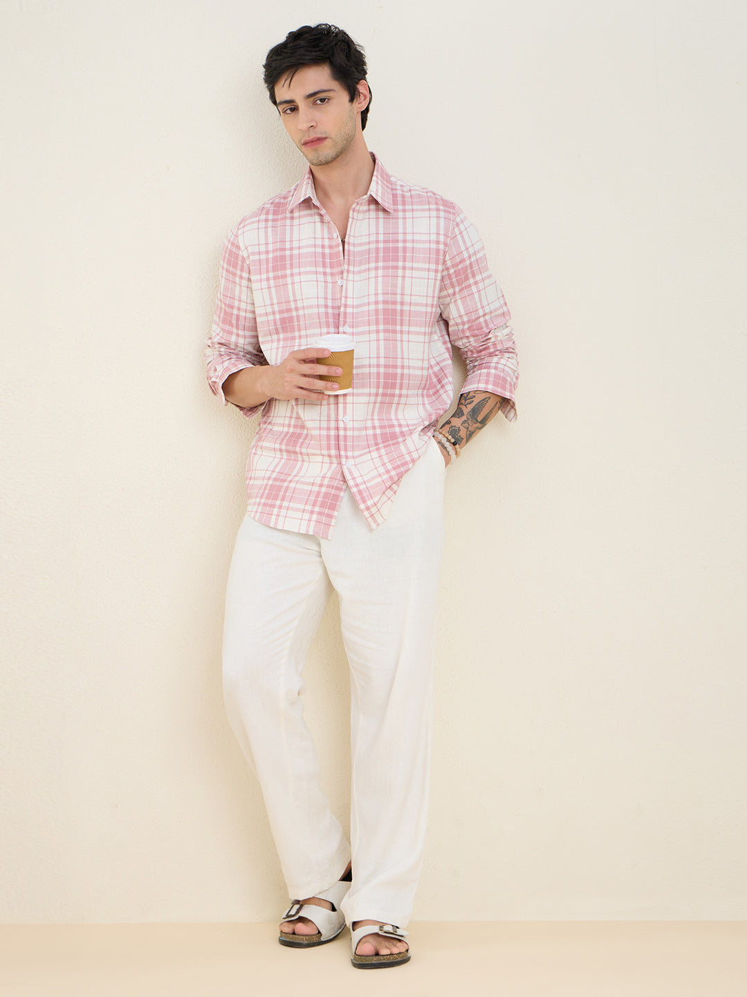 Men’s 100% Cotton Pink Check Slim Fit Casual Shirt | MARK & ALBERT
